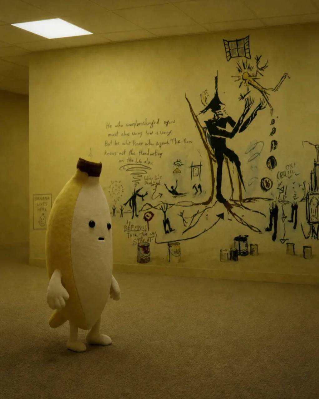 Banana in a room covered with strange drawings