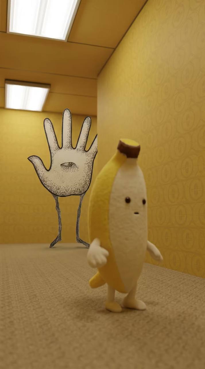 Banana walking away from a strange hand entity