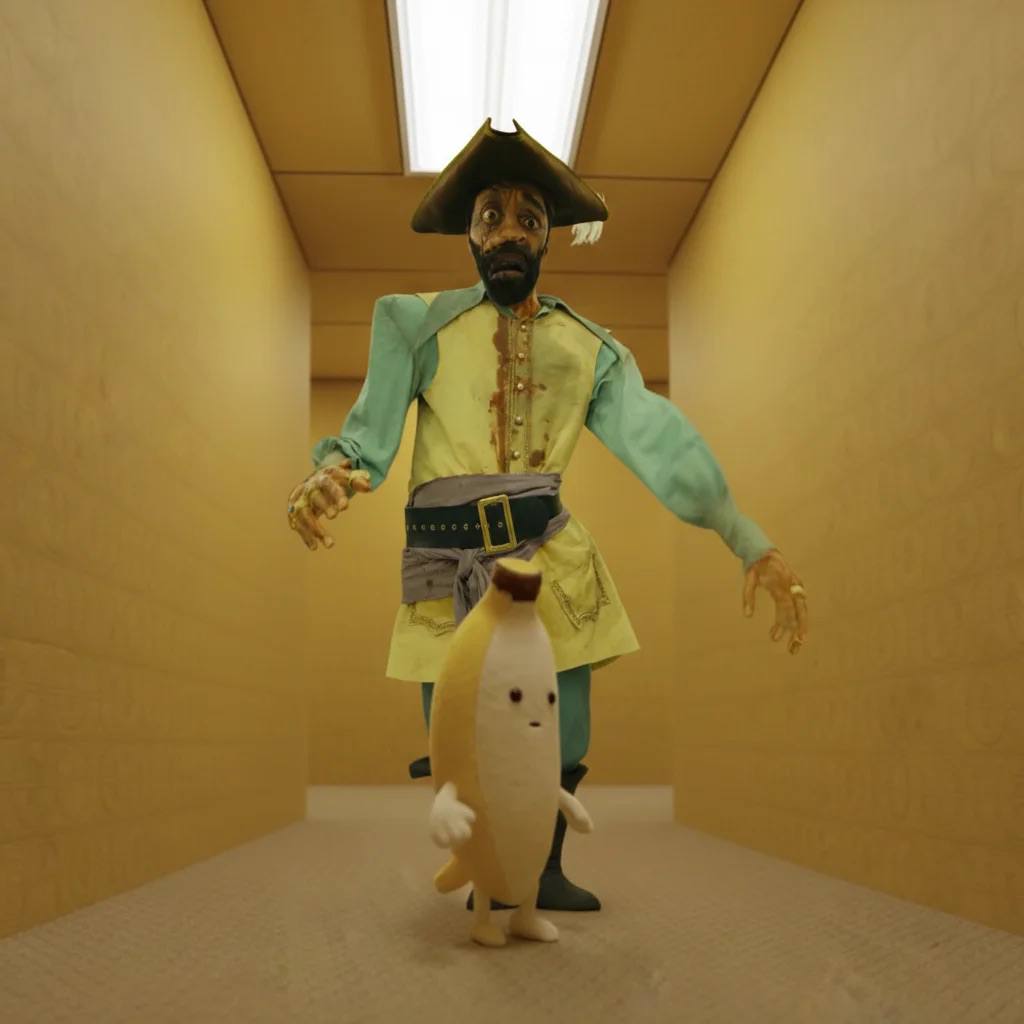 Banana encountering a pirate in a yellow corridor