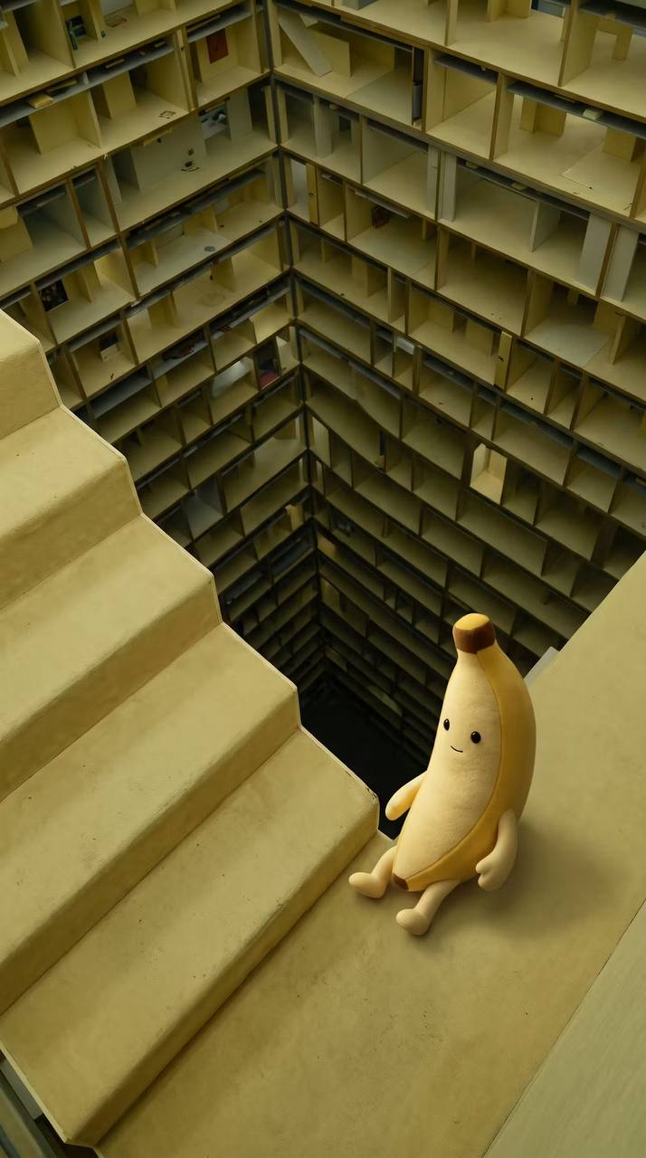 Banana sitting beside an impossible stairwell
